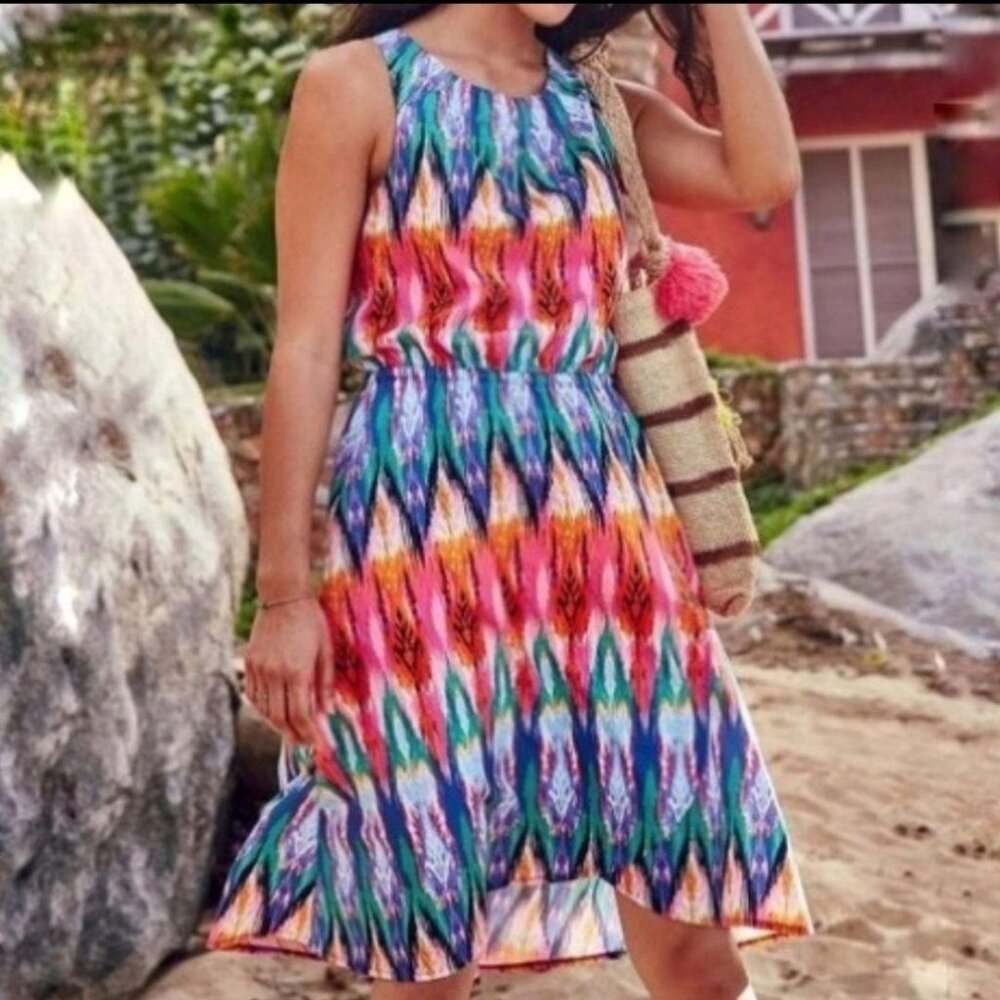 Athleta M Artsy Dress Tassels Sleeveless Ikat Martinique Athleisure Summer Trave
